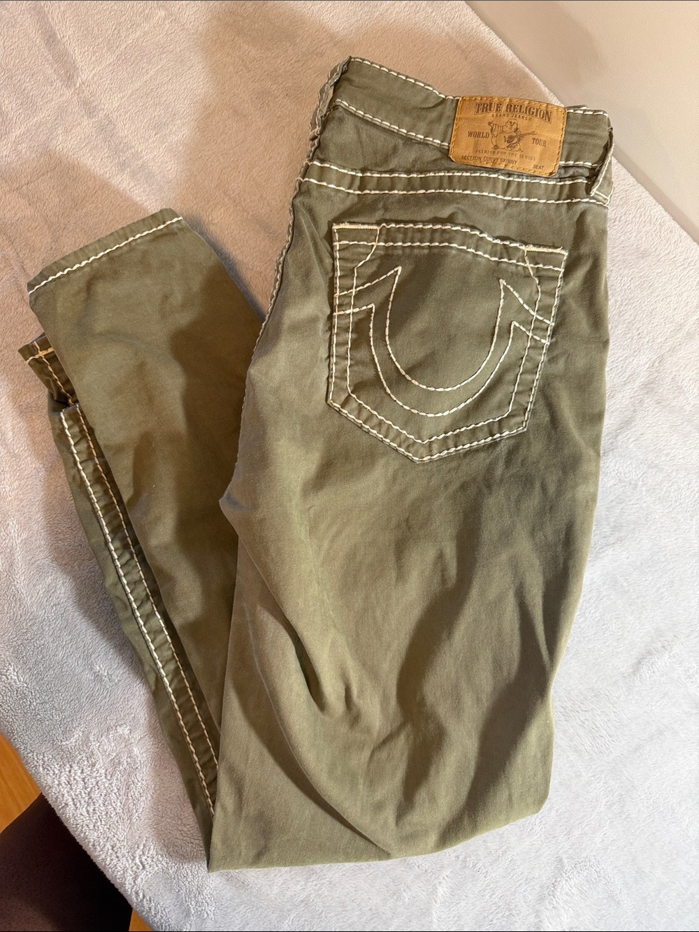 True Religion Olive Green Jeans with White Contrast Stitching